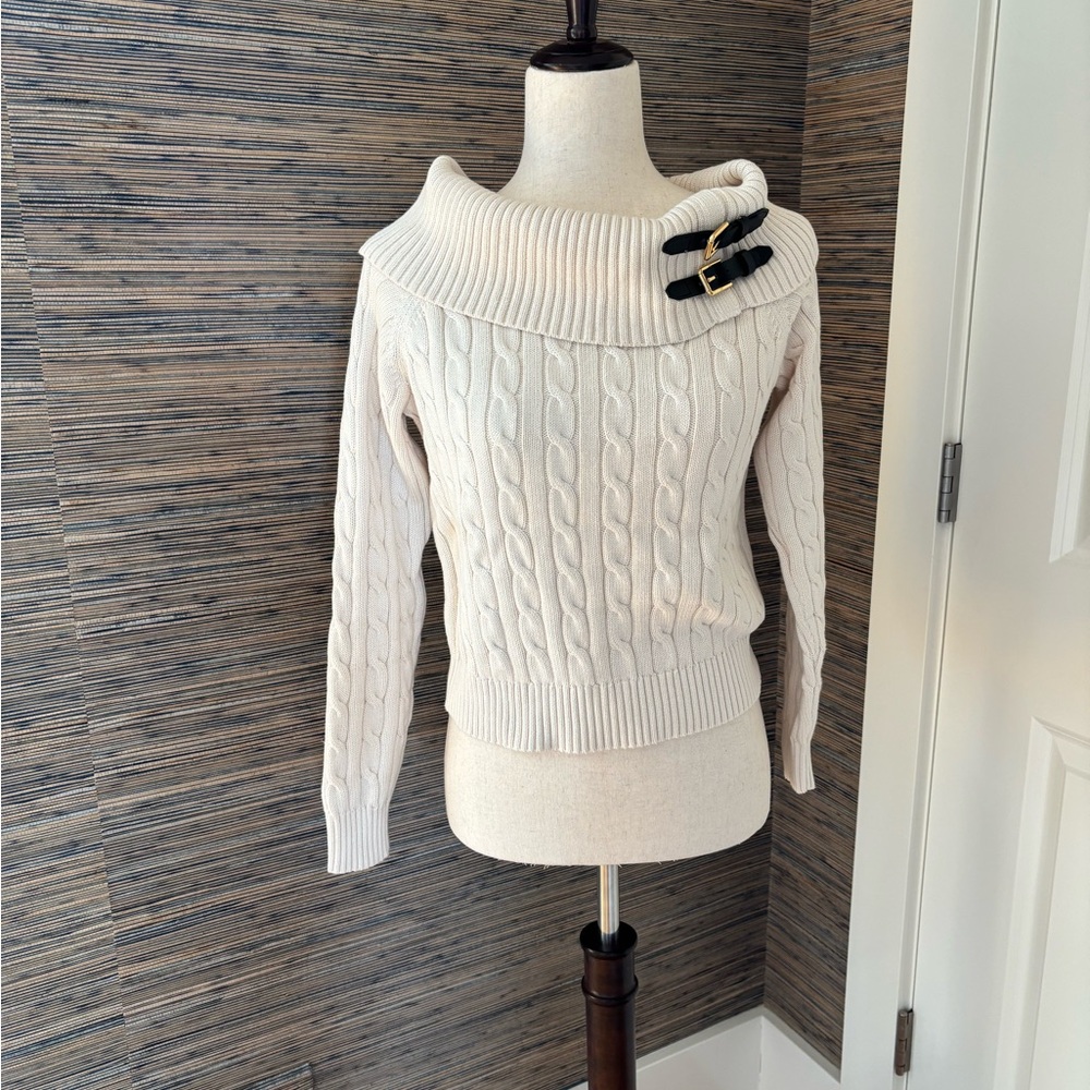 Ralph Lauren Cream Cable Knit Off-Shoulder Sweater with Buckles